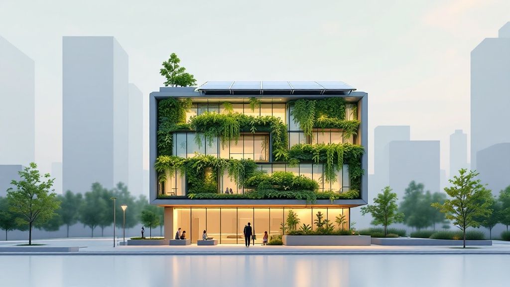 An overhead shot of urban planning documents and blueprints spread across a table with a scale model of a building.