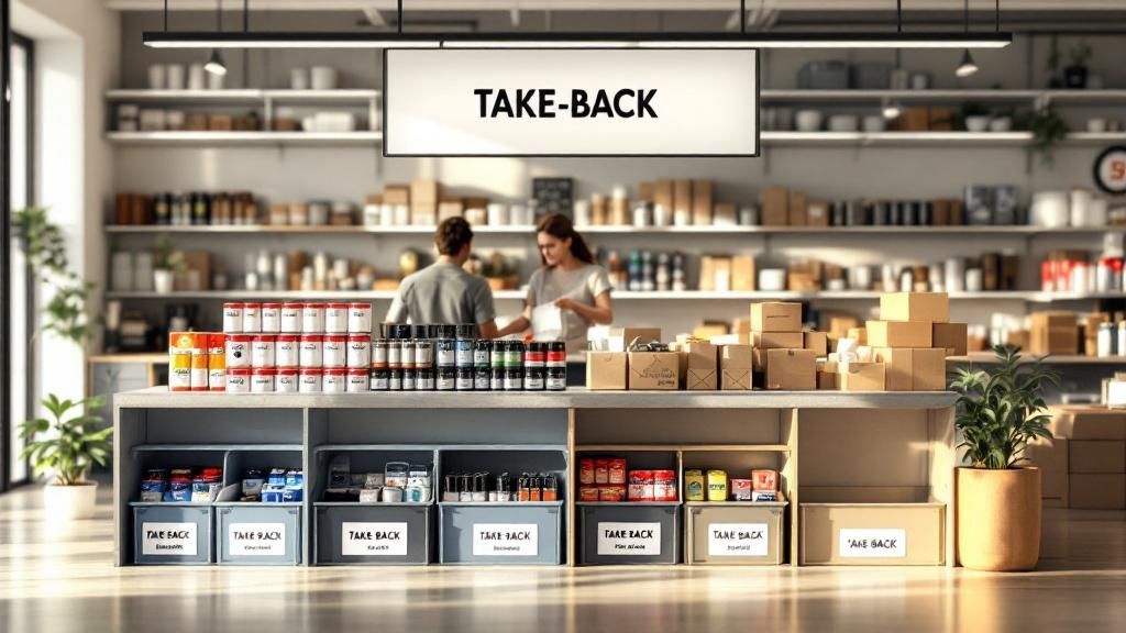 Image showing various retail products like paint cans and batteries, with recycling symbols, representing take-back programs.
