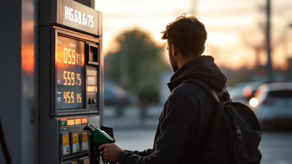 A person using a smartphone app to check gas prices at the pump.