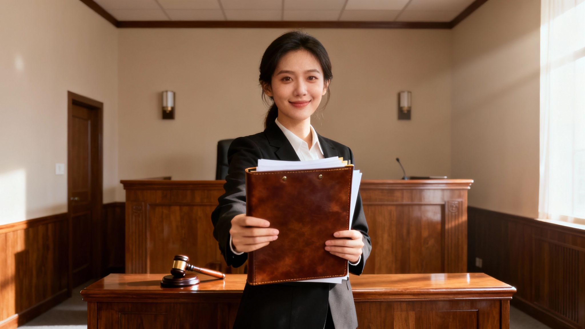 A close-up of a judge's gavel resting on a wooden block in a courtroom.
