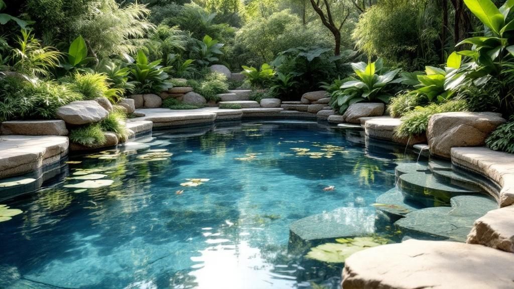 Infographic showcasing the key elements of a natural swimming pool, including the swimming zone, regeneration zone with plants, and biological filter system.