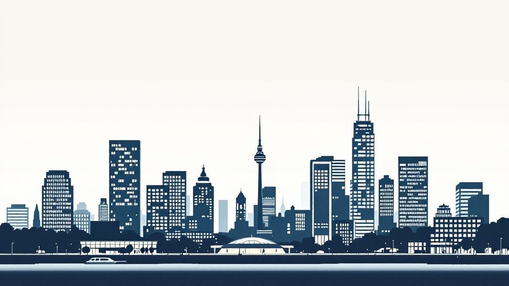 A panoramic view of the Ottawa skyline at dusk, with Parliament Hill and downtown office buildings visible across the Ottawa River.