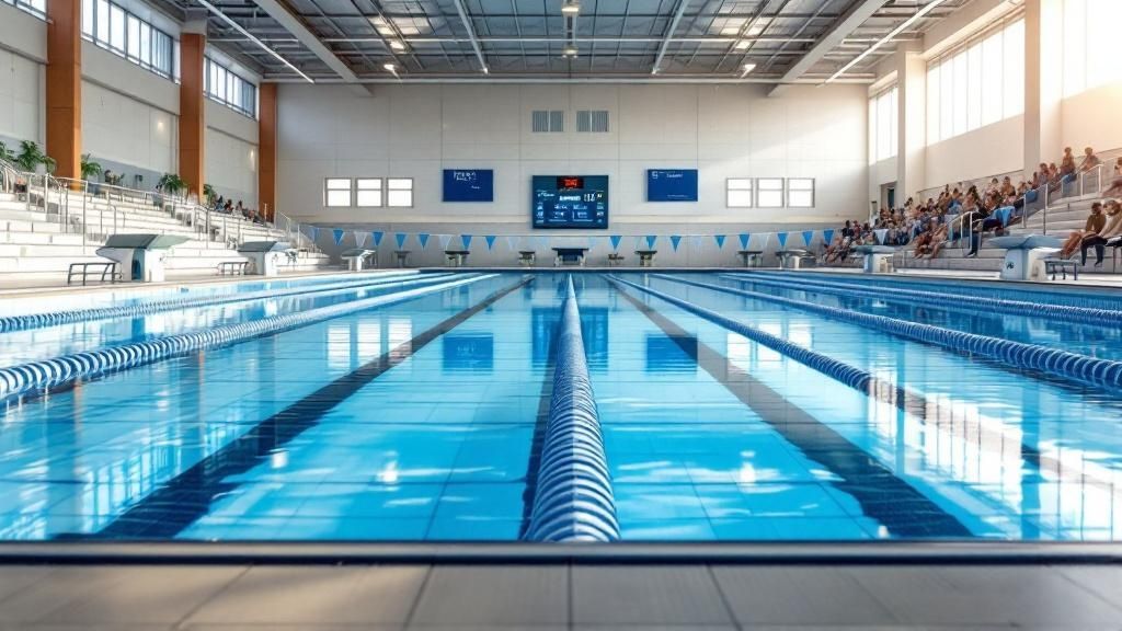 A swimmer in mid-stroke in a competition pool, highlighting the lane lines and clear water.