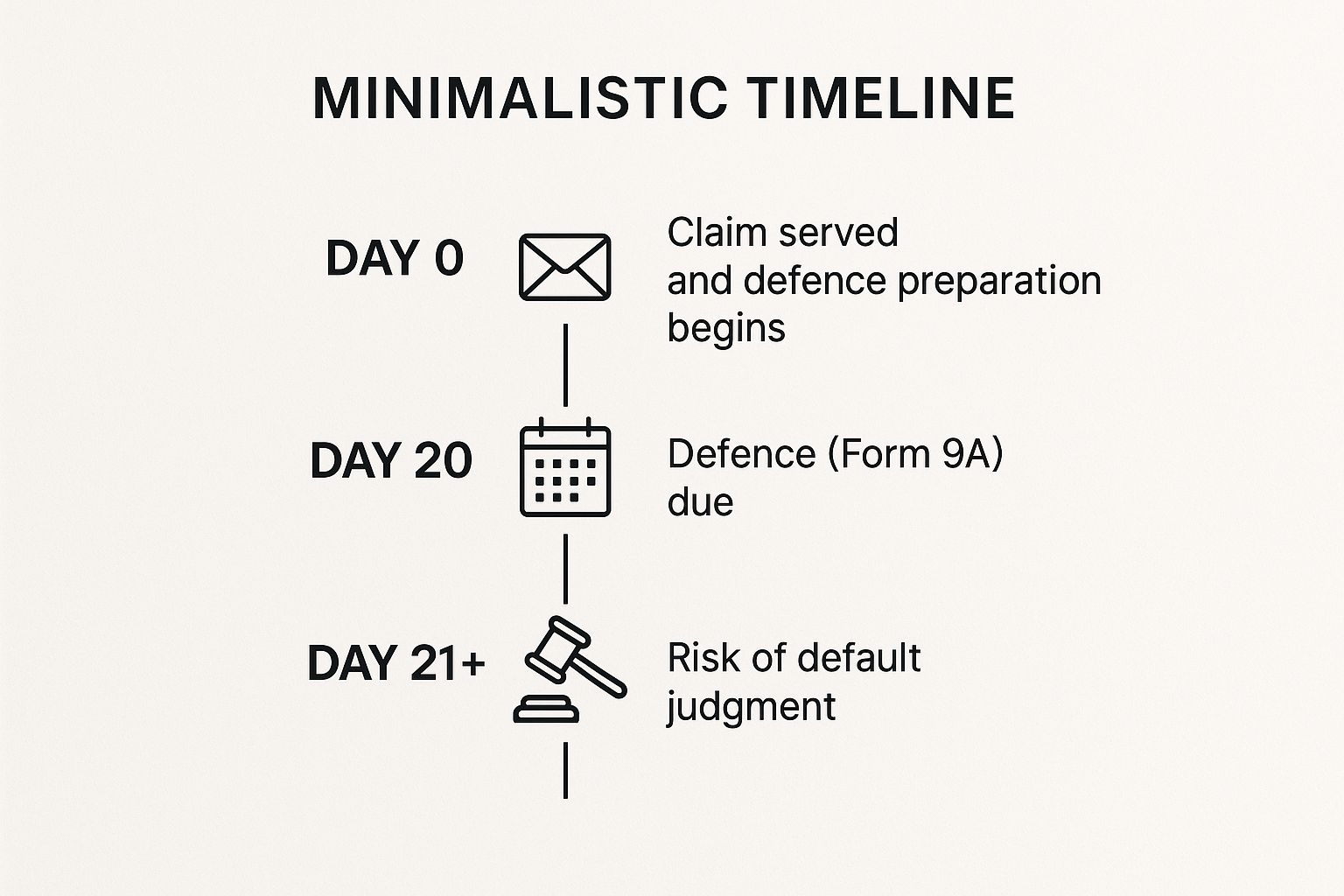 Infographic timeline showing key deadlines after a claim is served in Ontario Small Claims Court: Day 0 - Claim served, Day 20 - Defence due, Day 21+ - Risk of default judgment.
