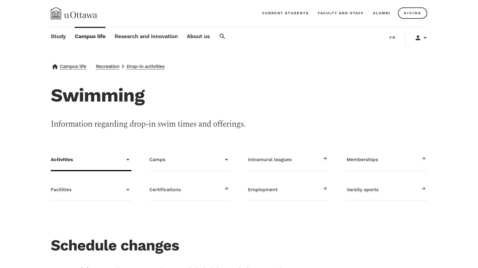 University of Ottawa – Montpetit Pool (Drop-in swimming)