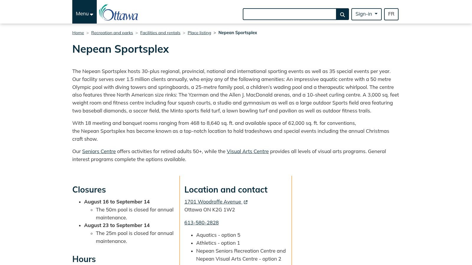 City of Ottawa – Pool location and schedules (example: Nepean Sportsplex)