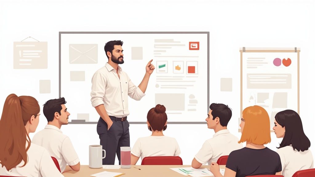 A group of professionals engaged in a collaborative in-person training session.