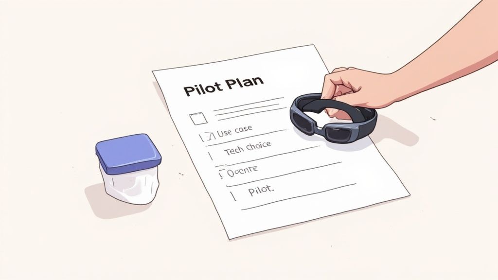 A team collaborating on a project with an AR interface.