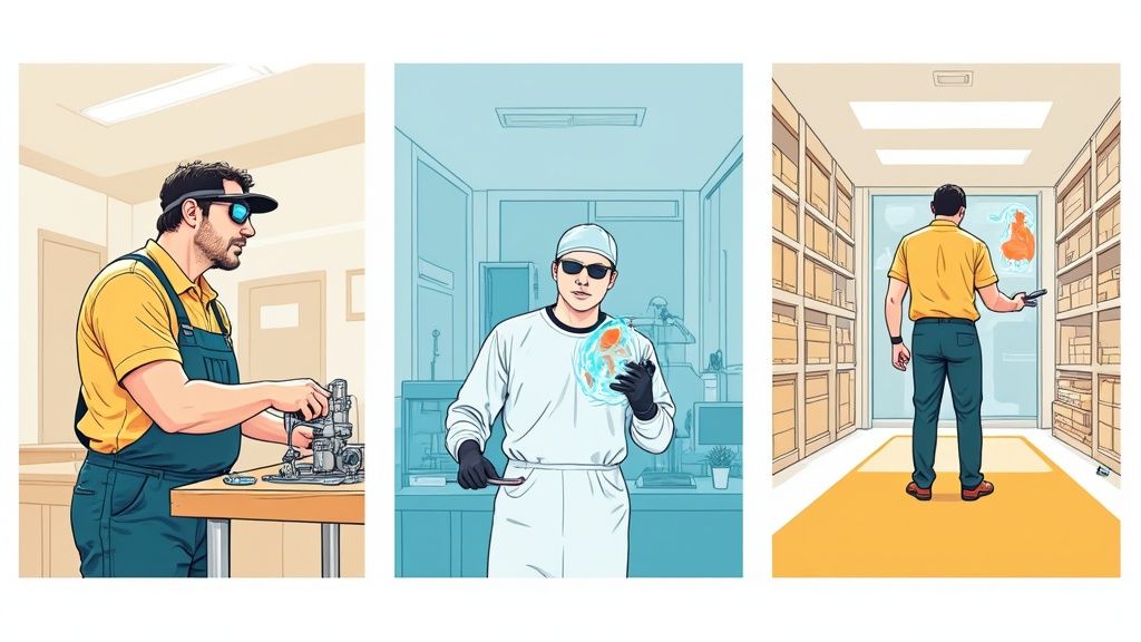 An industrial worker using an AR headset to view data overlays in a factory setting