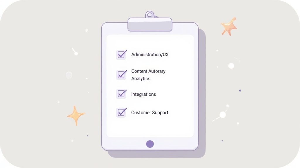 A person using a laptop with various user interface elements and charts, representing LMS evaluation criteria.