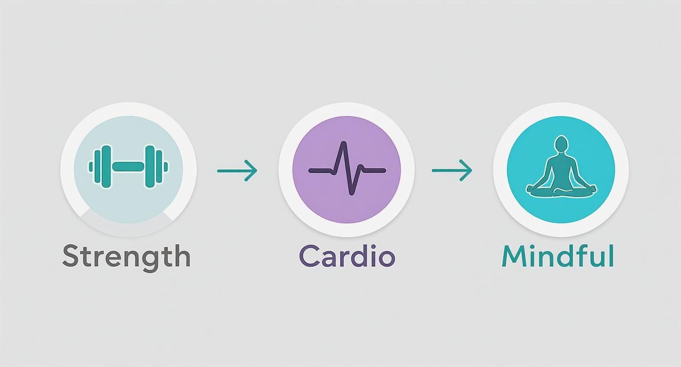Icons illustrating a holistic wellness journey: strength training, cardio, and mindful meditation.