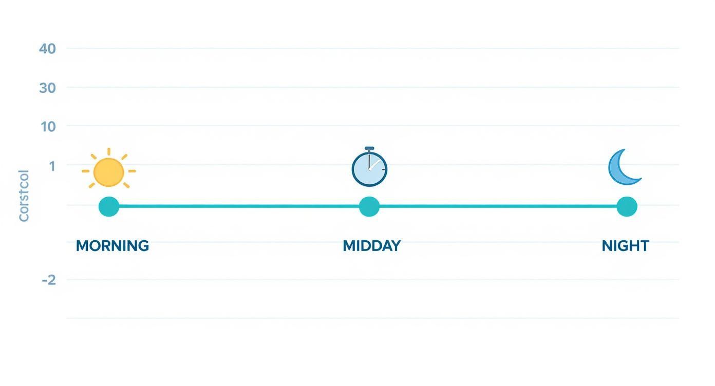 A horizontal timeline graph illustrating consistent cortisol levels throughout morning, midday, and night.