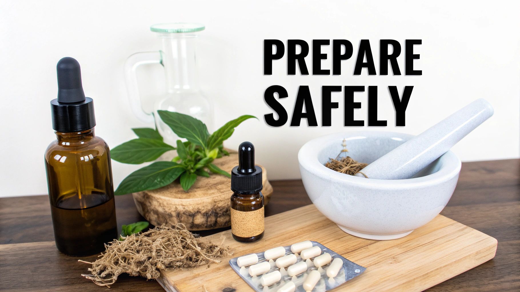 A person preparing herbs with a mortar and pestle