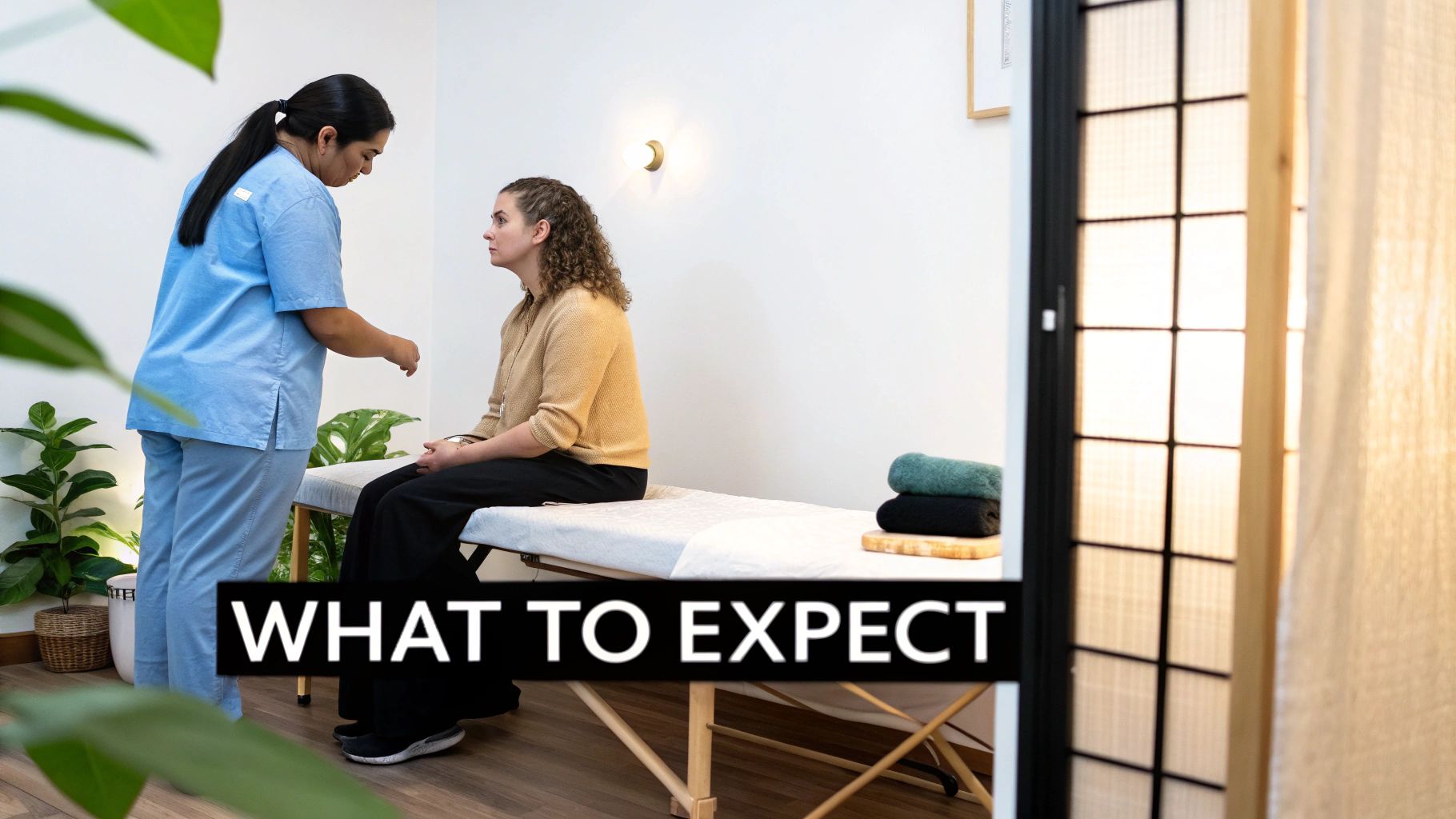 Healthcare professional consulting with patient on massage table in modern wellness clinic setting