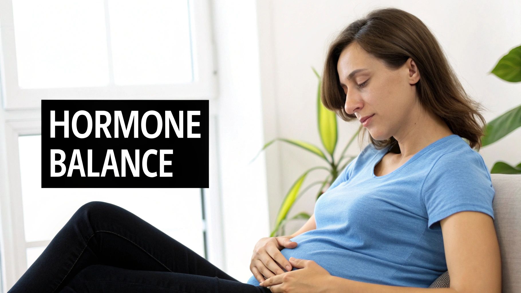 Pregnant woman in blue shirt sitting peacefully while focusing on hormone balance and wellness