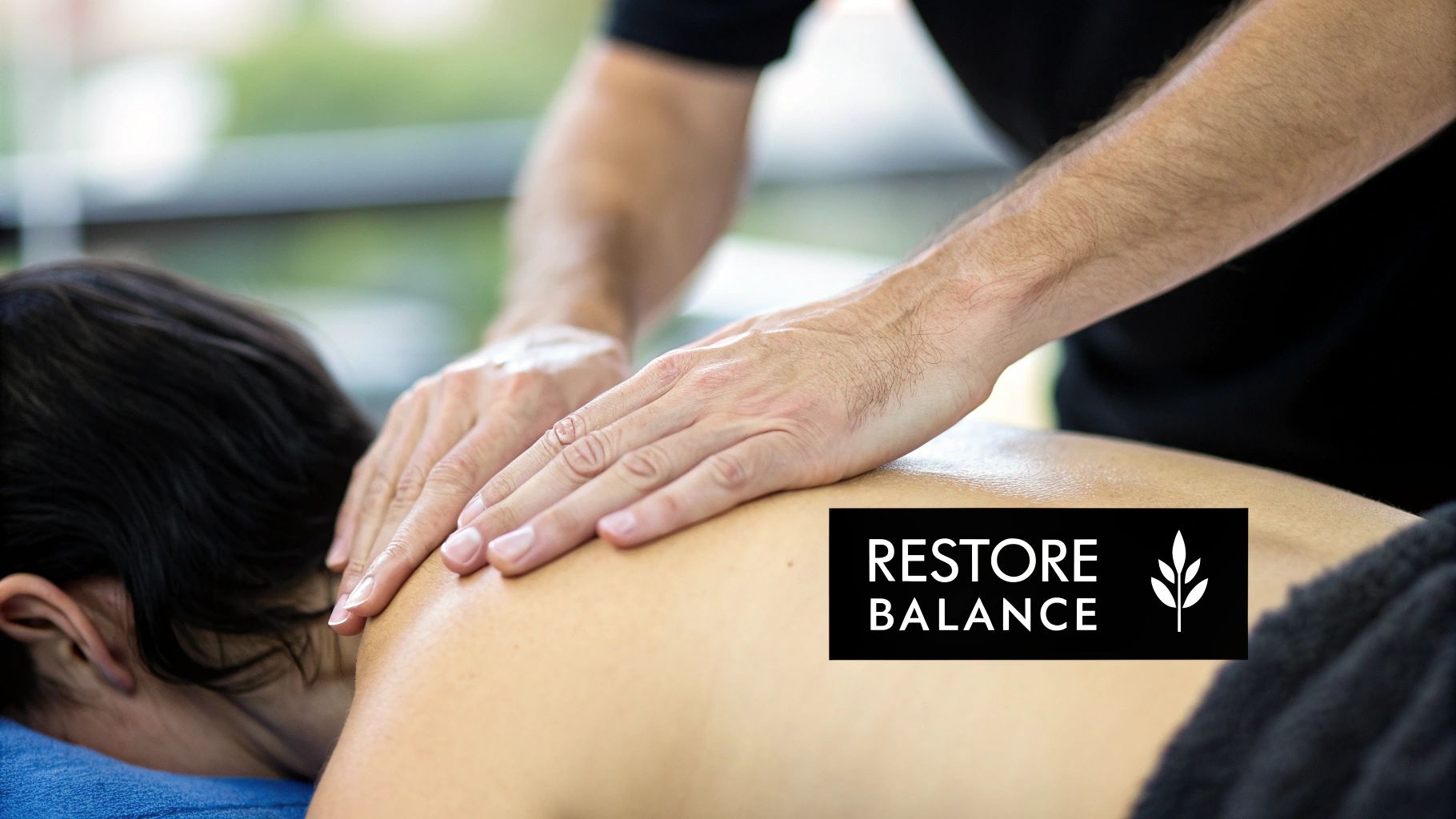 Professional massage therapist performing therapeutic back massage on client at Restore Balance wellness center