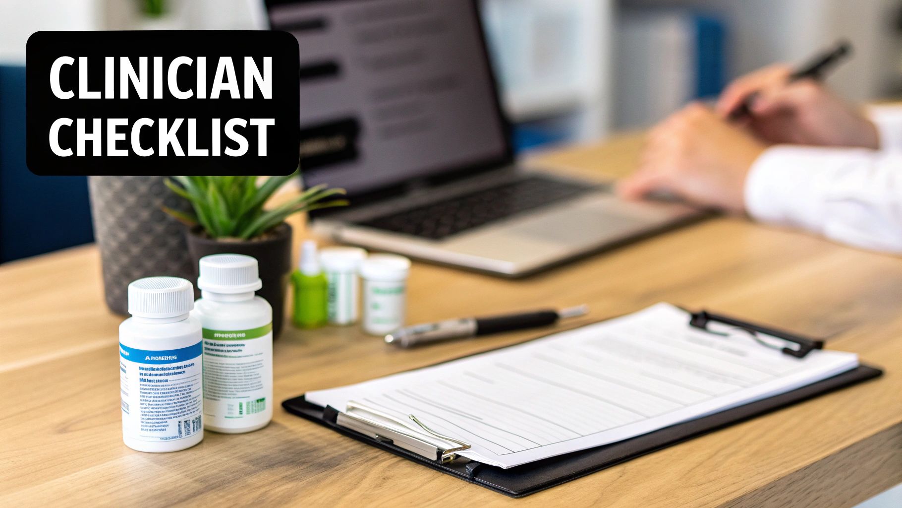 Healthcare professional reviewing patient medication checklist with supplement bottles on desk