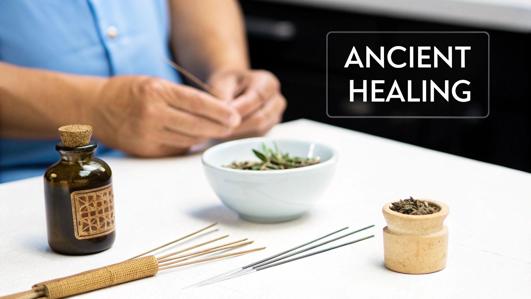 Assortment of herbs and acupuncture needles used for pain management