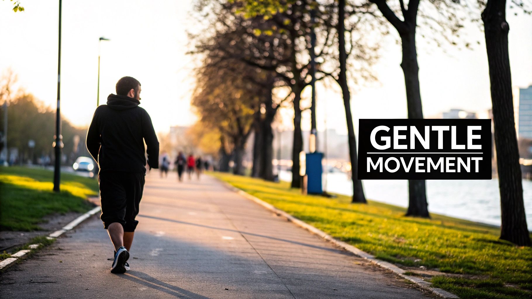 A man walks on a sunny path lined with trees, promoting gentle movement for well-being.