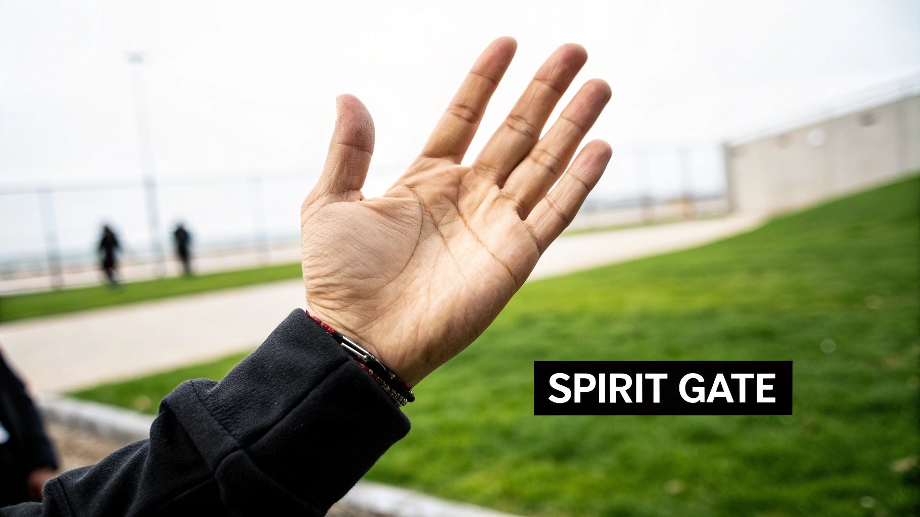 Open palm hand raised upward in welcoming gesture outdoors at Spirit Gate acupuncture point location