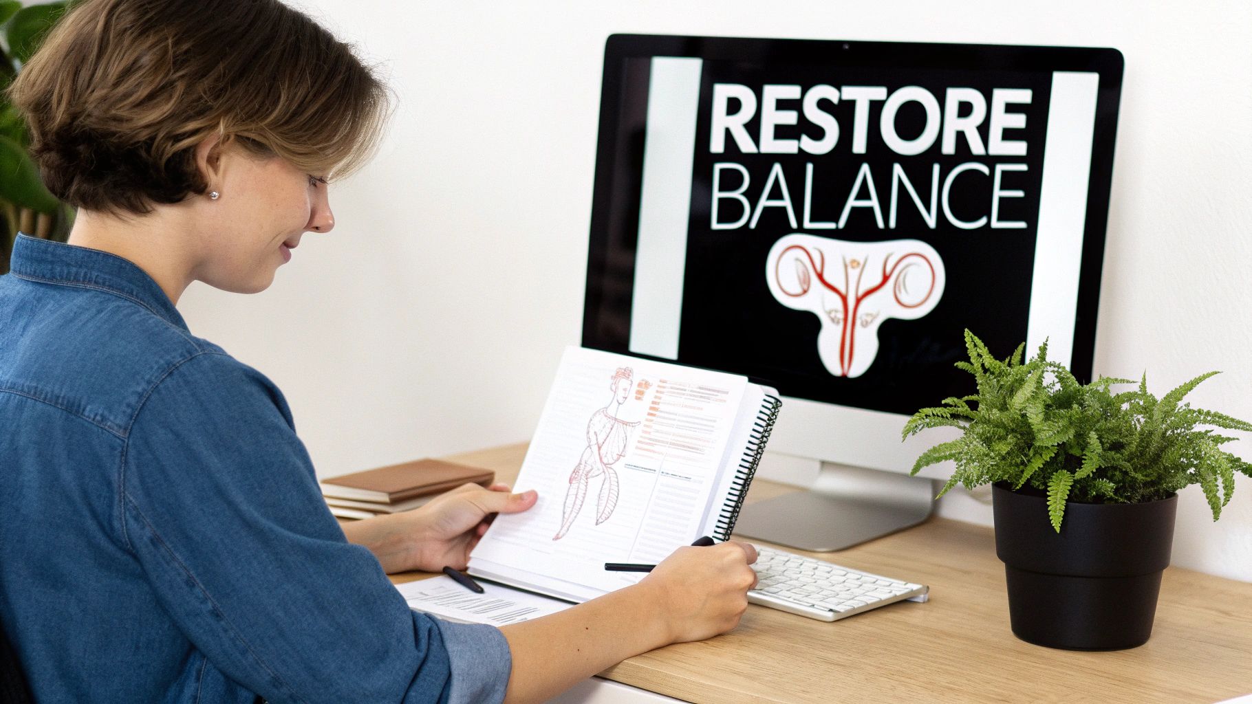 A woman studies reproductive health, looking at an anatomical diagram in a notebook with a monitor displaying 'RESTORE BALANCE' and a uterus.