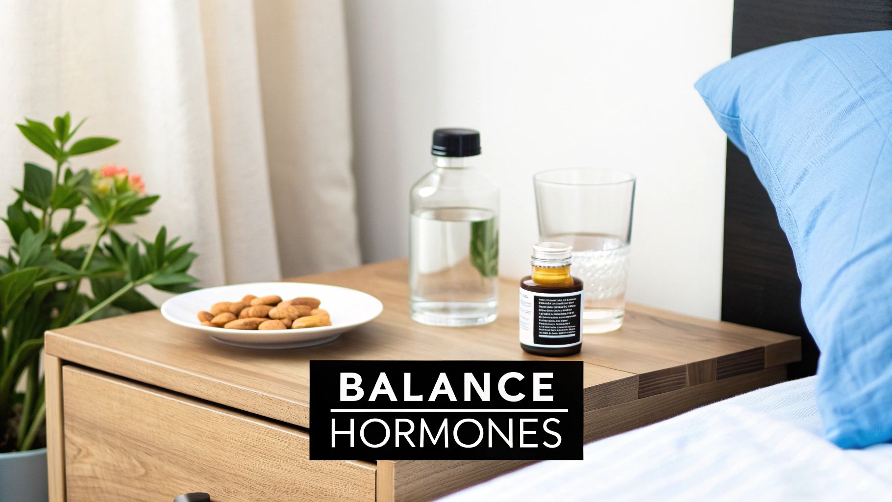 A nightstand with almonds, water, and supplements, emphasizing natural ways to balance hormones and reduce cortisol.