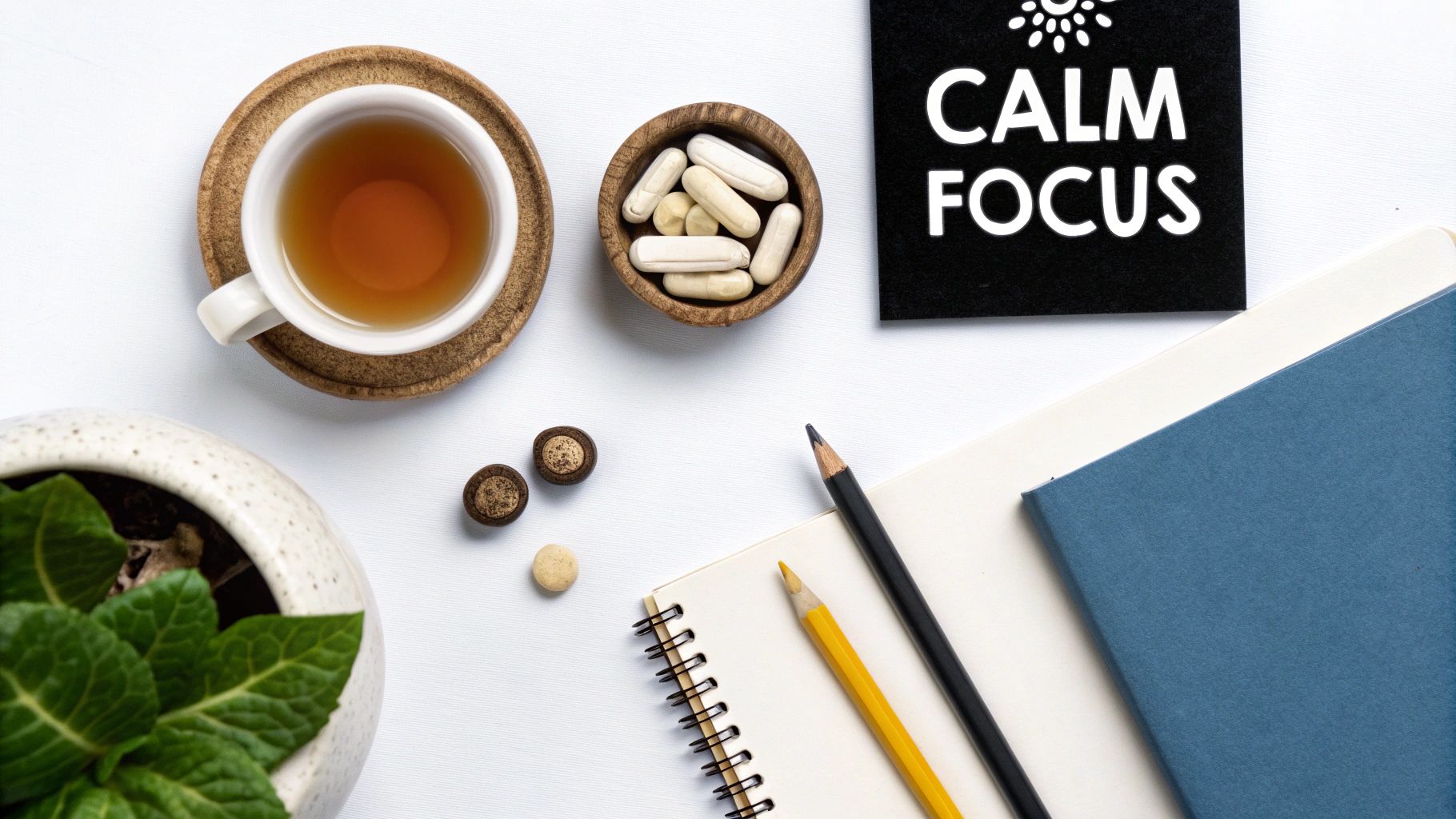 Herbal tea, supplement capsules, and notebook on desk with calm focus sign for wellness