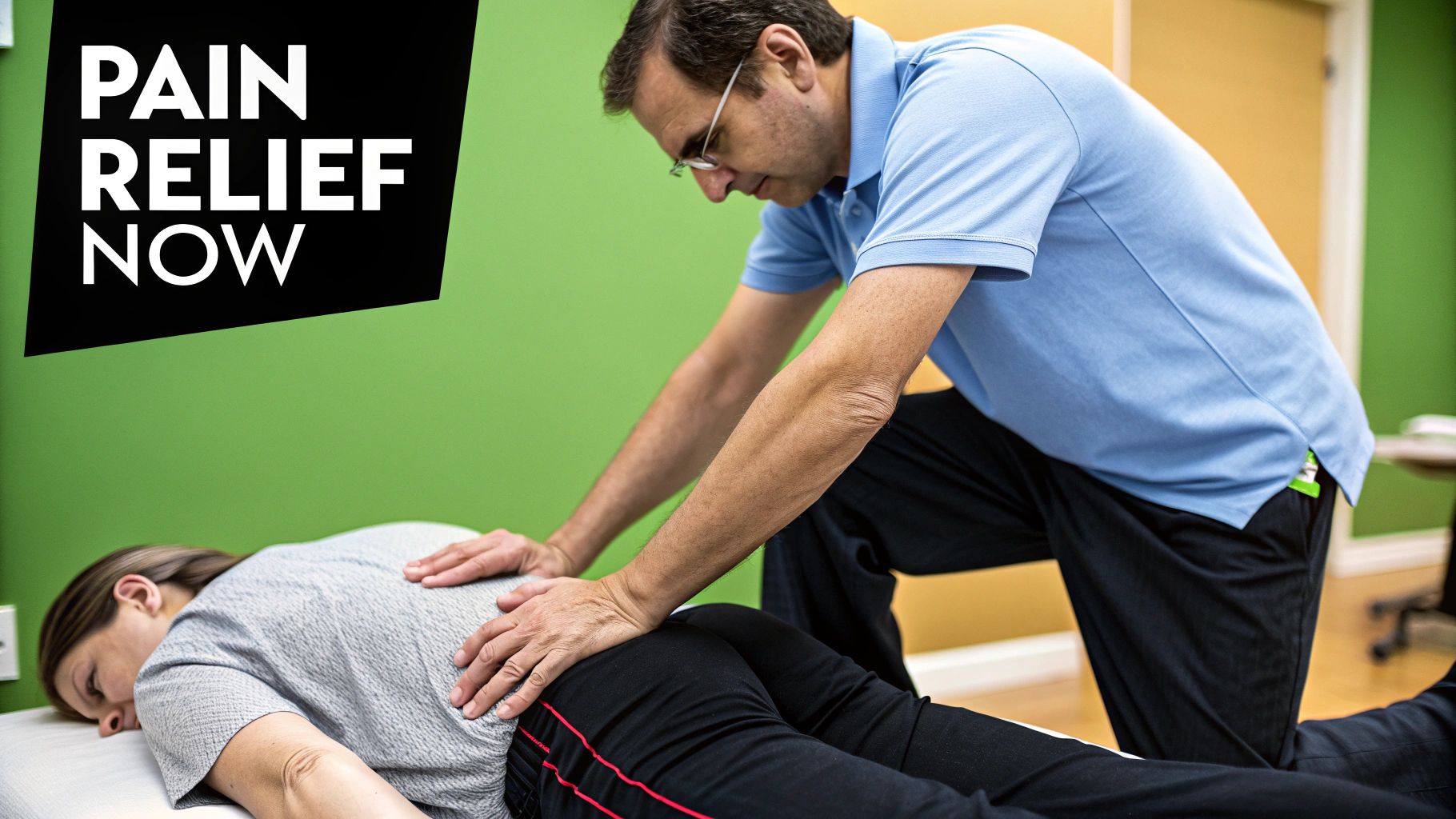 Physical therapist performing lower back pain relief massage treatment on female patient