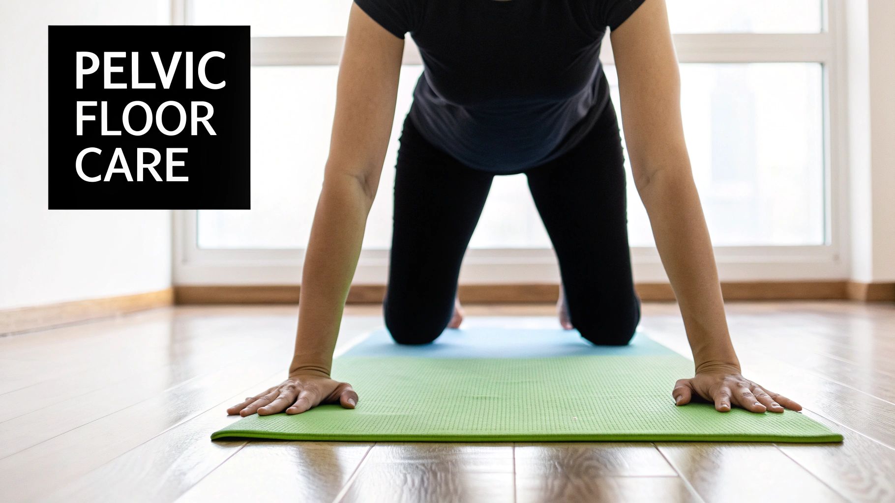 Woman performing pelvic floor strengthening exercises on yoga mat at home for endometriosis relief