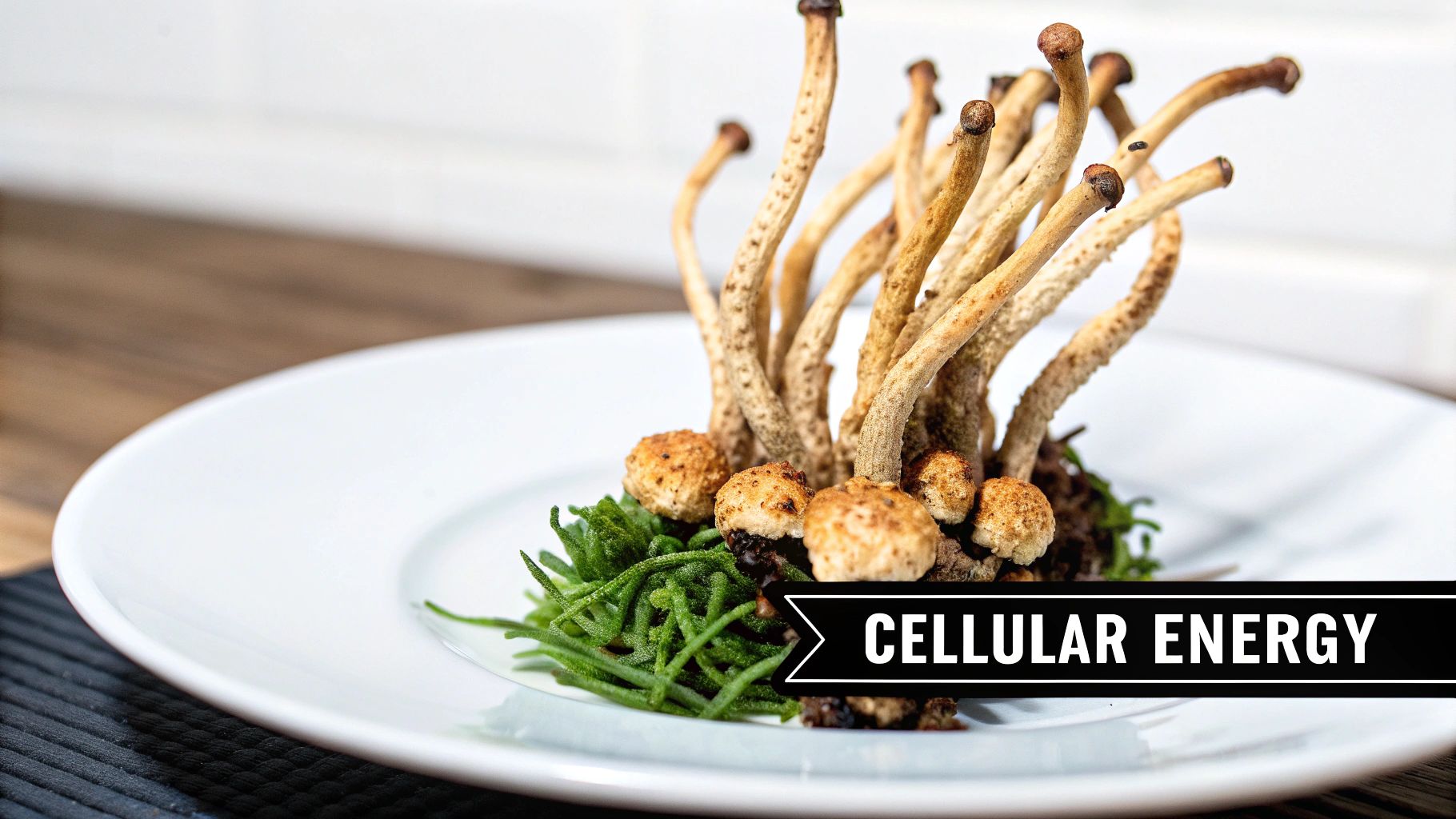 A visually striking dish with assorted mushrooms and vibrant green herbs on a white plate.