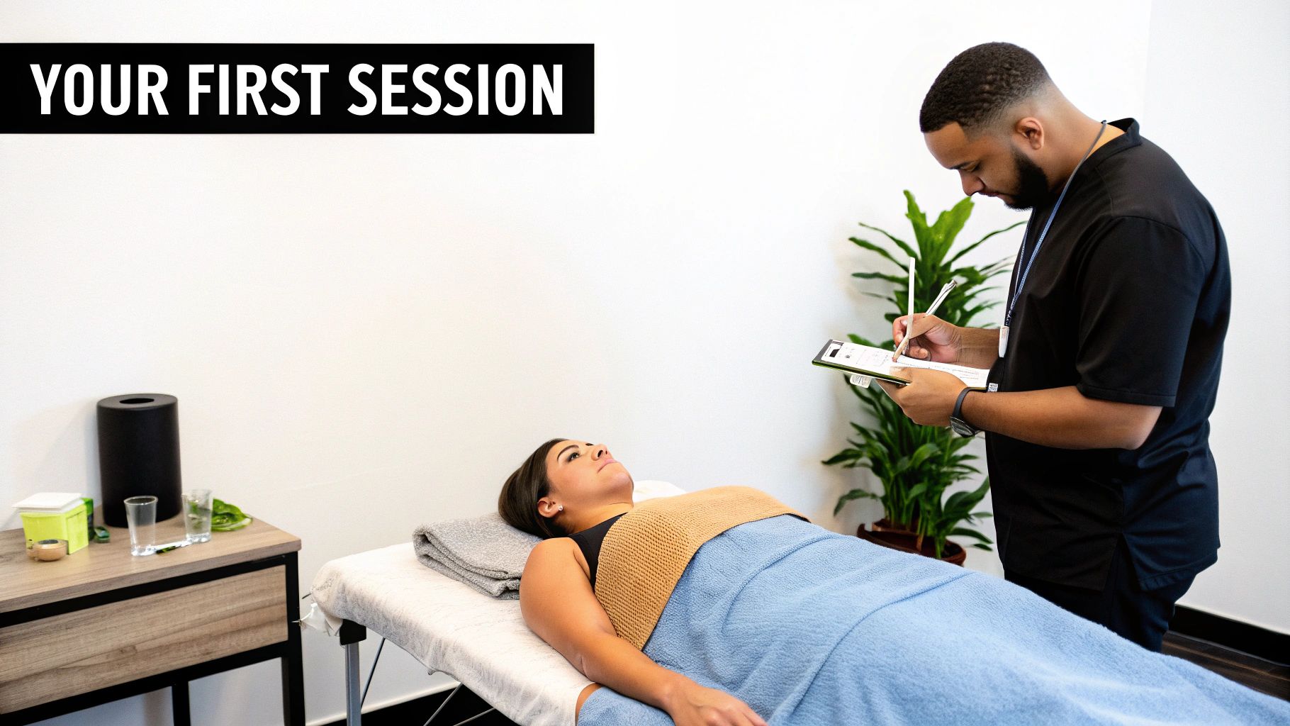 A healthcare practitioner takes notes for a client lying on a treatment table during their first session.