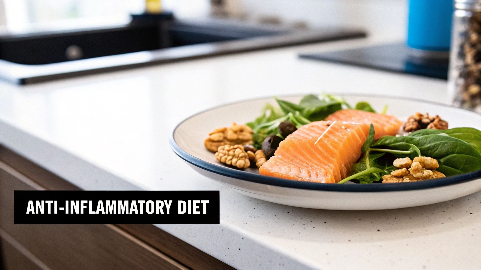 Anti-inflammatory diet plate with fresh salmon, leafy greens, and walnuts for endometriosis treatment
