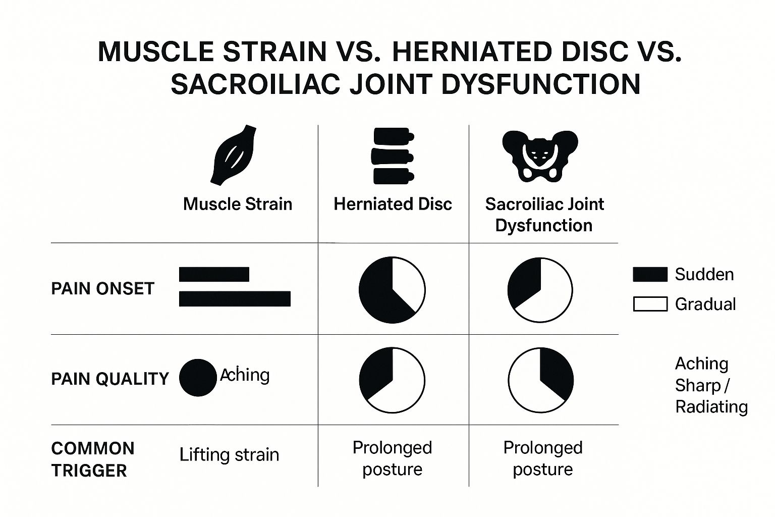 Unraveling Back Pain Lower Right Side Only Infographic comparing Muscle Strain, Herniated Disc, and Sacroiliac Joint Dysfunction based on pain onset, quality, and common triggers.