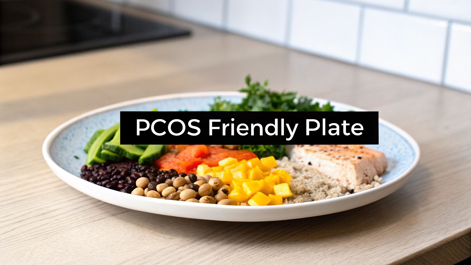 A healthy, colorful PCOS friendly plate with salmon, quinoa, black beans, mango, and vegetables.