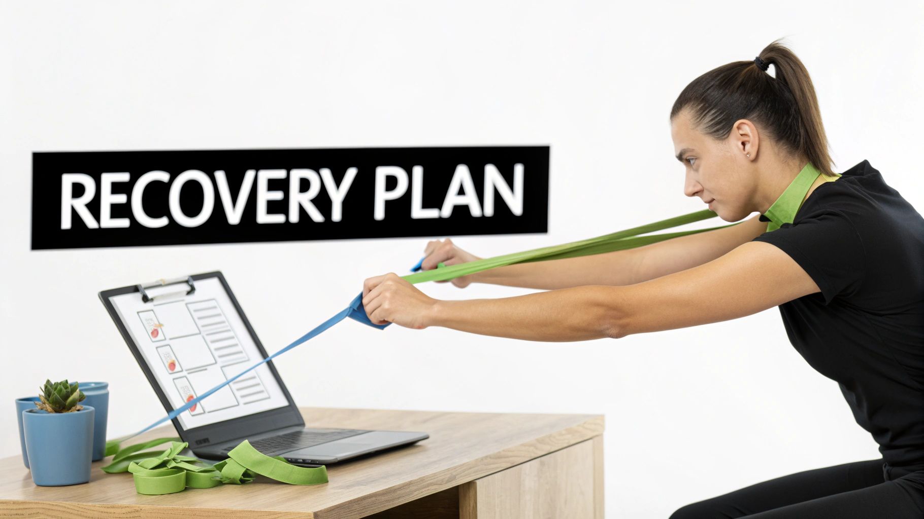 A woman follows an online recovery plan, exercising with resistance bands near a laptop.