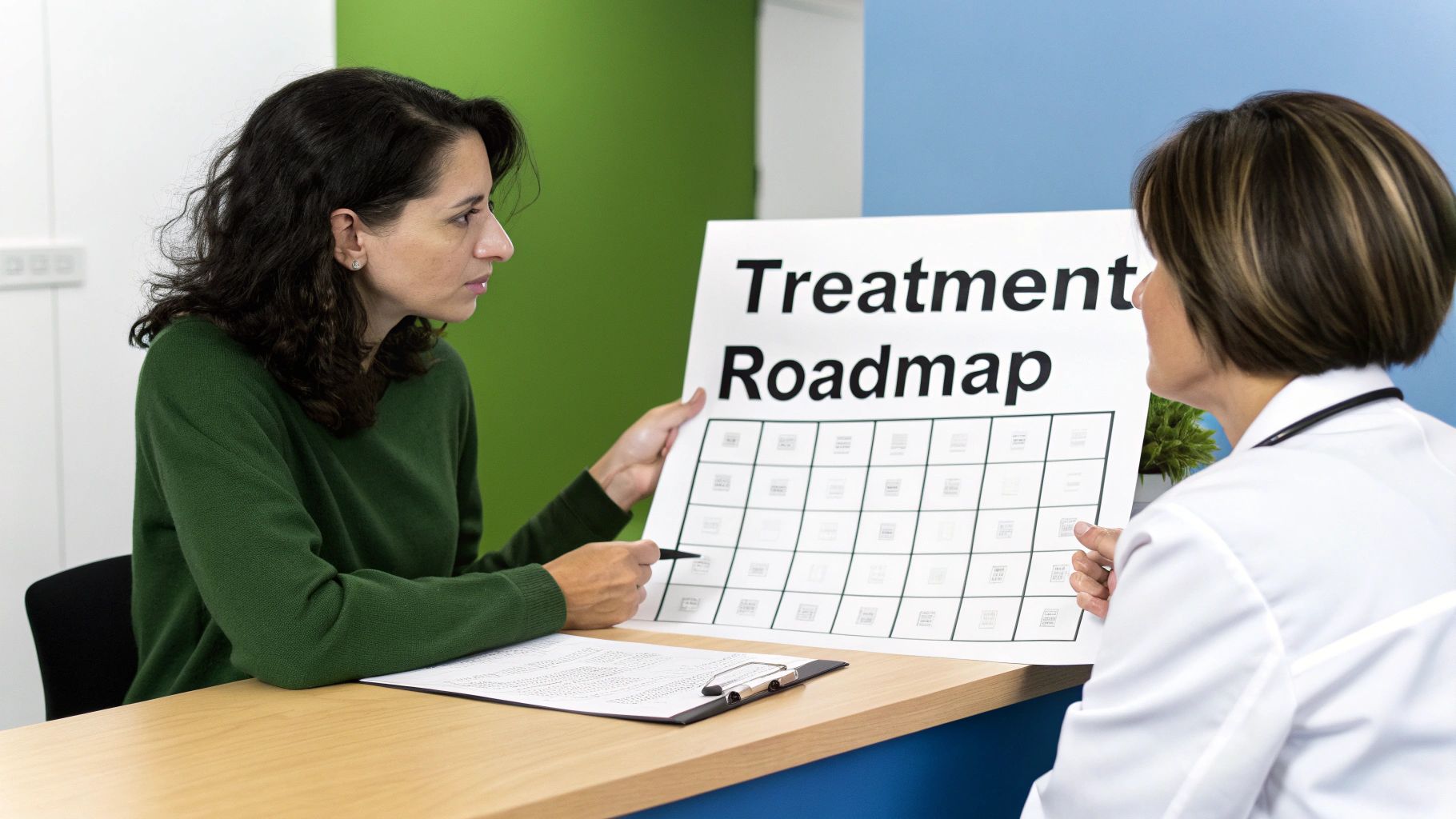 A patient and doctor review a "Treatment Roadmap" chart during a consultation.