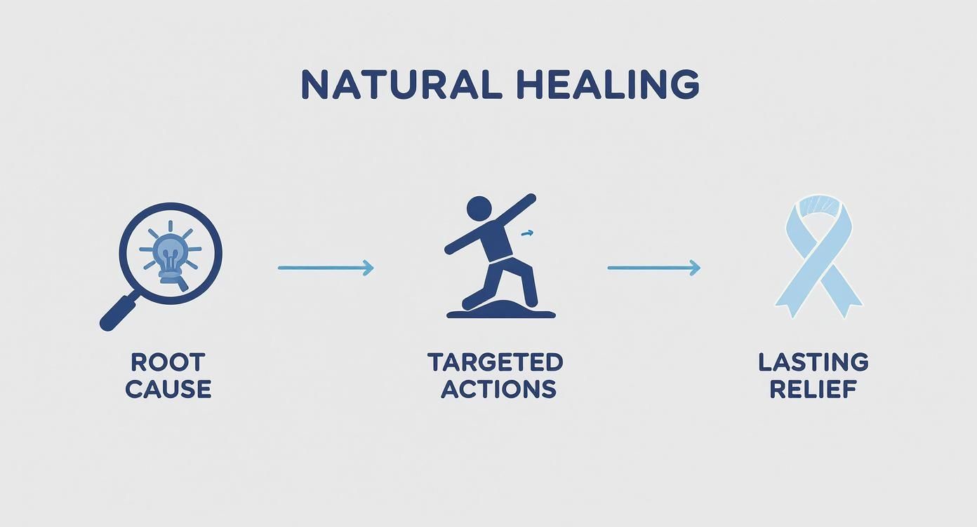 Flowchart illustrating natural healing: identifying root cause, performing targeted actions, and achieving lasting relief.