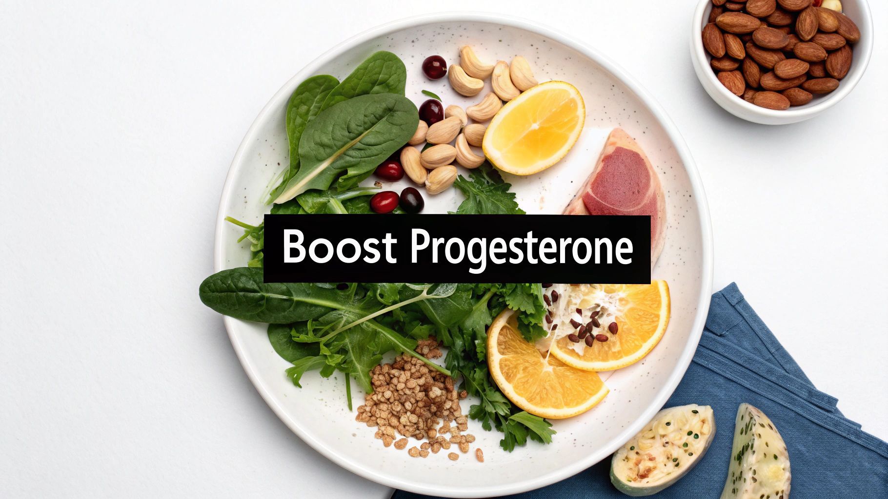Healthy plate with spinach, nuts, citrus, lean meat and seeds to boost progesterone naturally