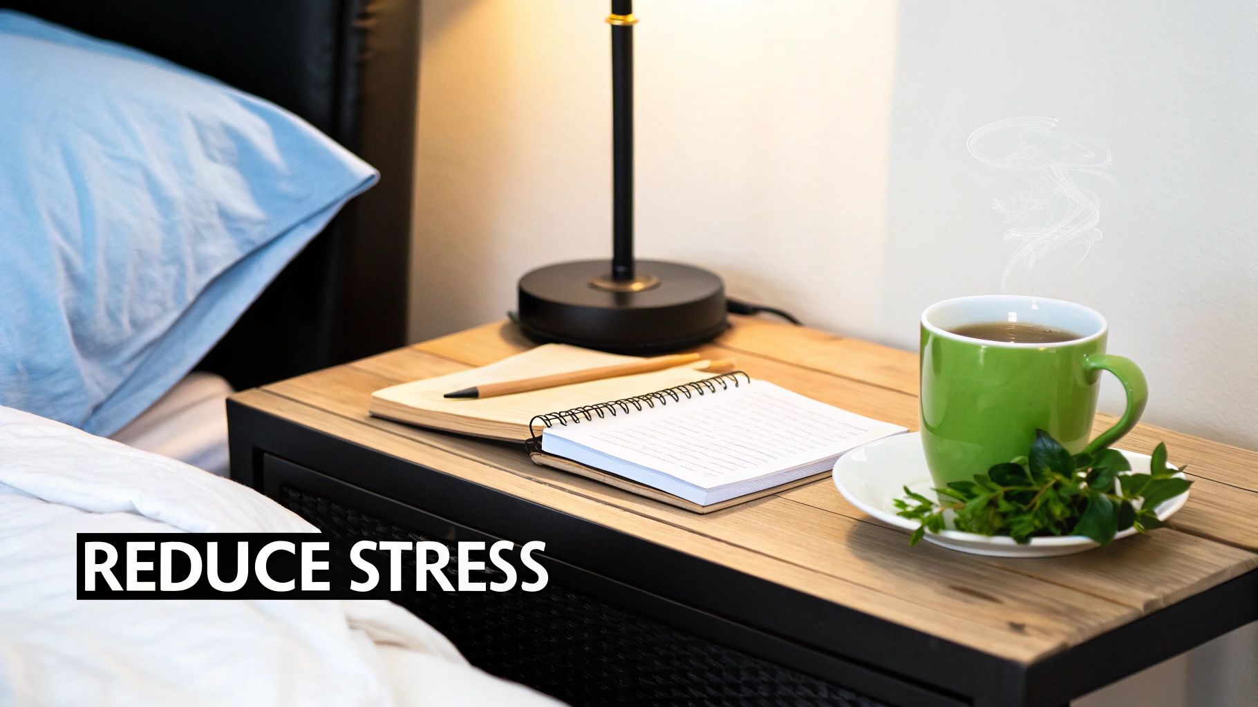 A steaming cup of tea, notebooks, and a lamp on a bedside table, promoting stress reduction.