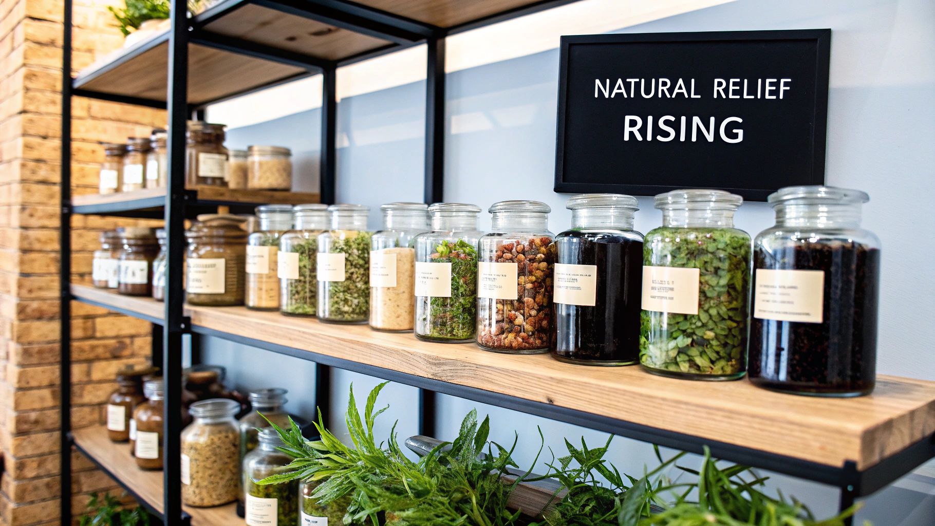 Herbal Remedies for Anxiety and Stress That Work A collection of dried herbs, including chamomile flowers and lavender, arranged on a wooden surface with a mortar and pestle.