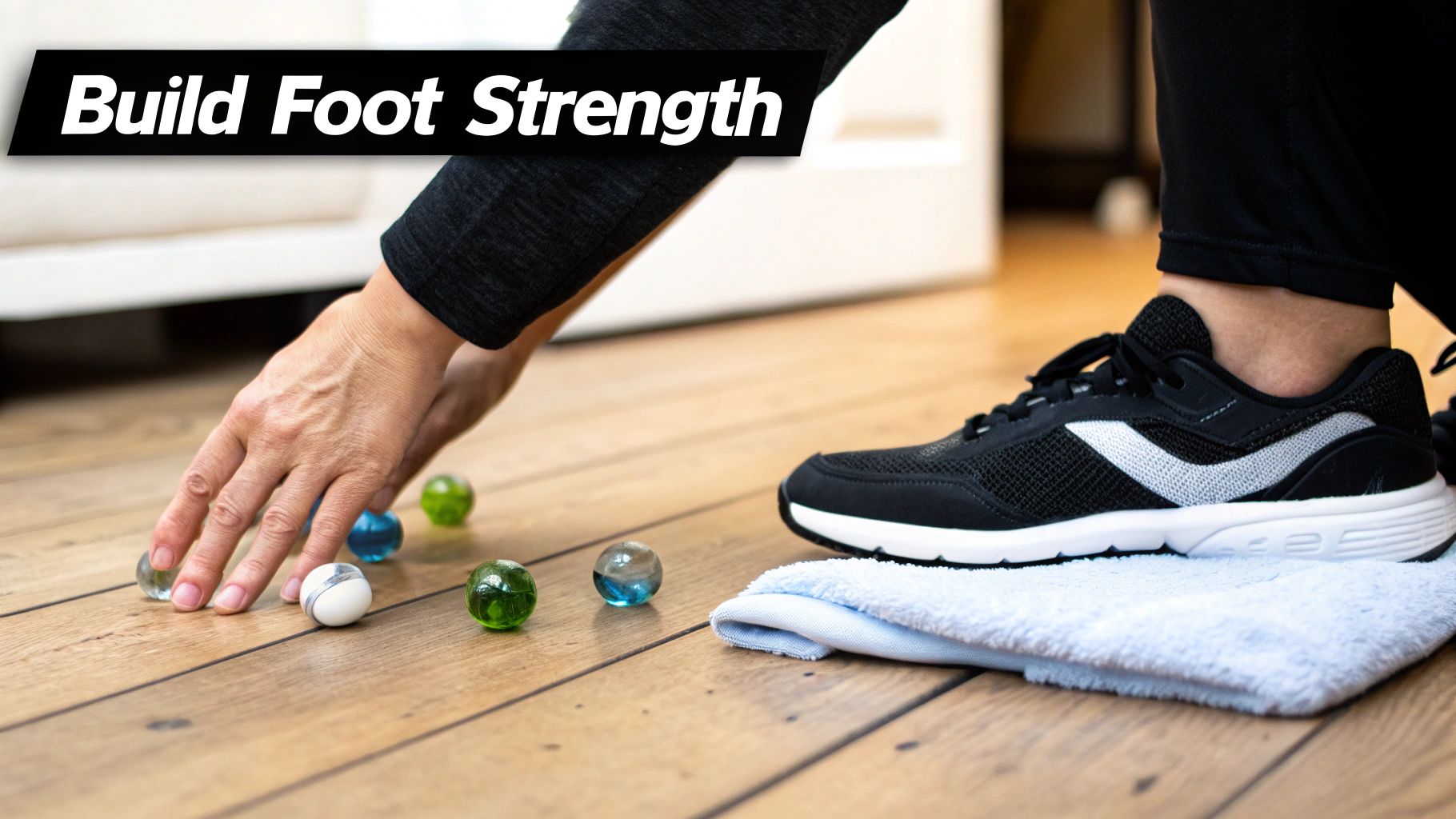 Hands picking up marbles on a wooden floor next to a sneaker on a towel for foot strength.