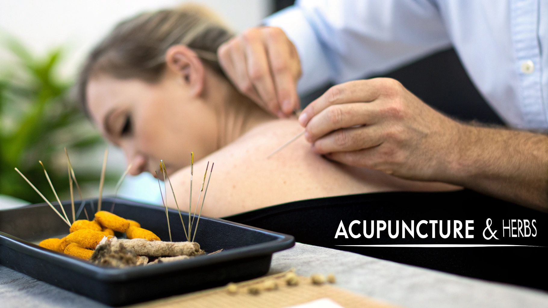 Non drug pain management: Practical, natural relief Acupuncturist applying needles to a patient's back
