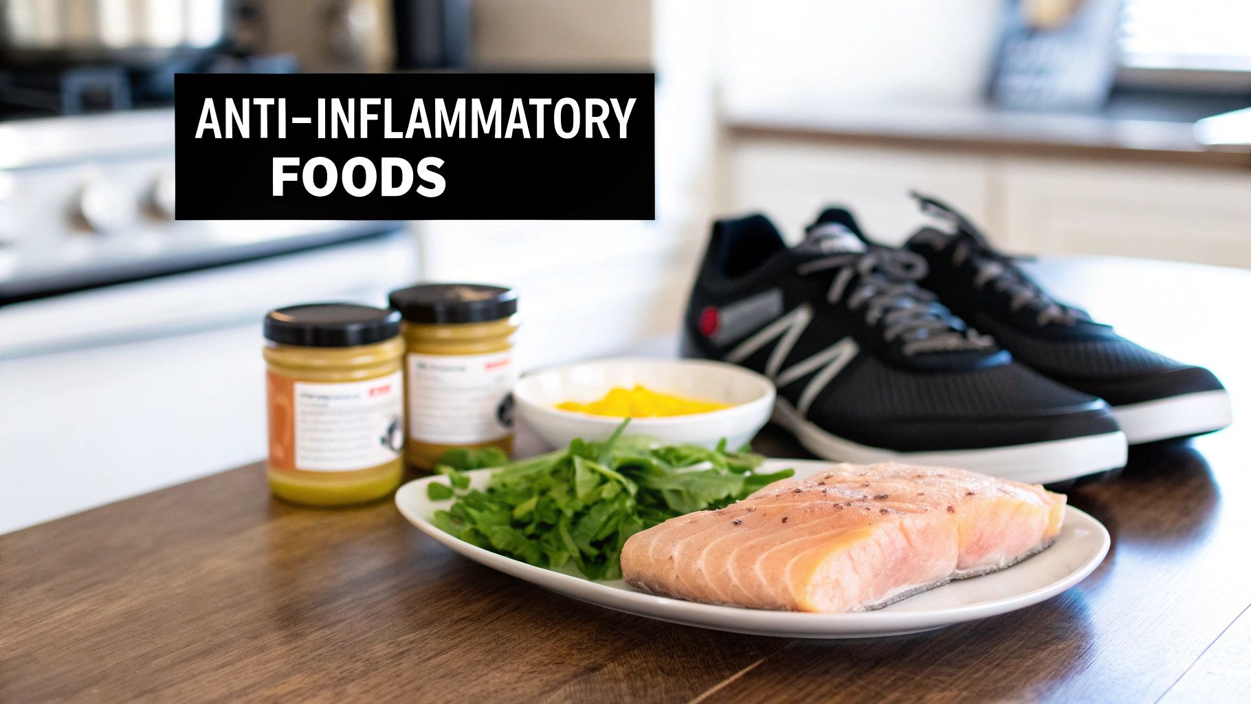 A plate of salmon and greens, jars of ingredients, and athletic shoes, promoting anti-inflammatory foods.