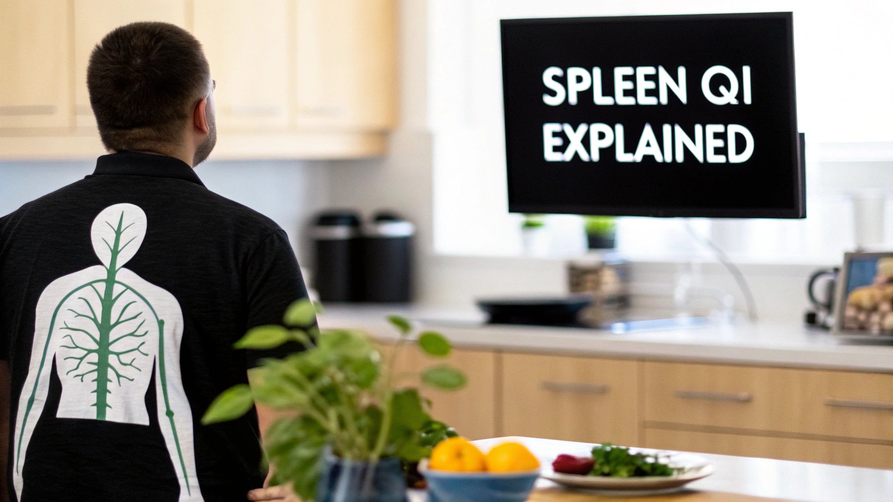 A person looking tired and holding their stomach, representing the fatigue and digestive issues of spleen qi deficiency.