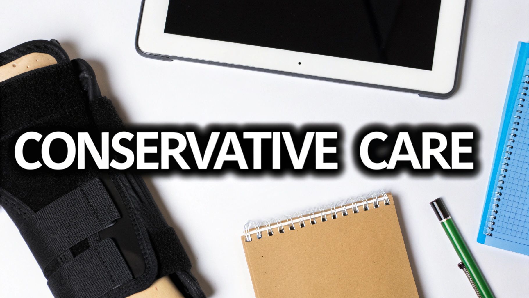 A wrist brace, tablet, and notebooks on a white desk, with 'CONSERVATIVE CARE' text.