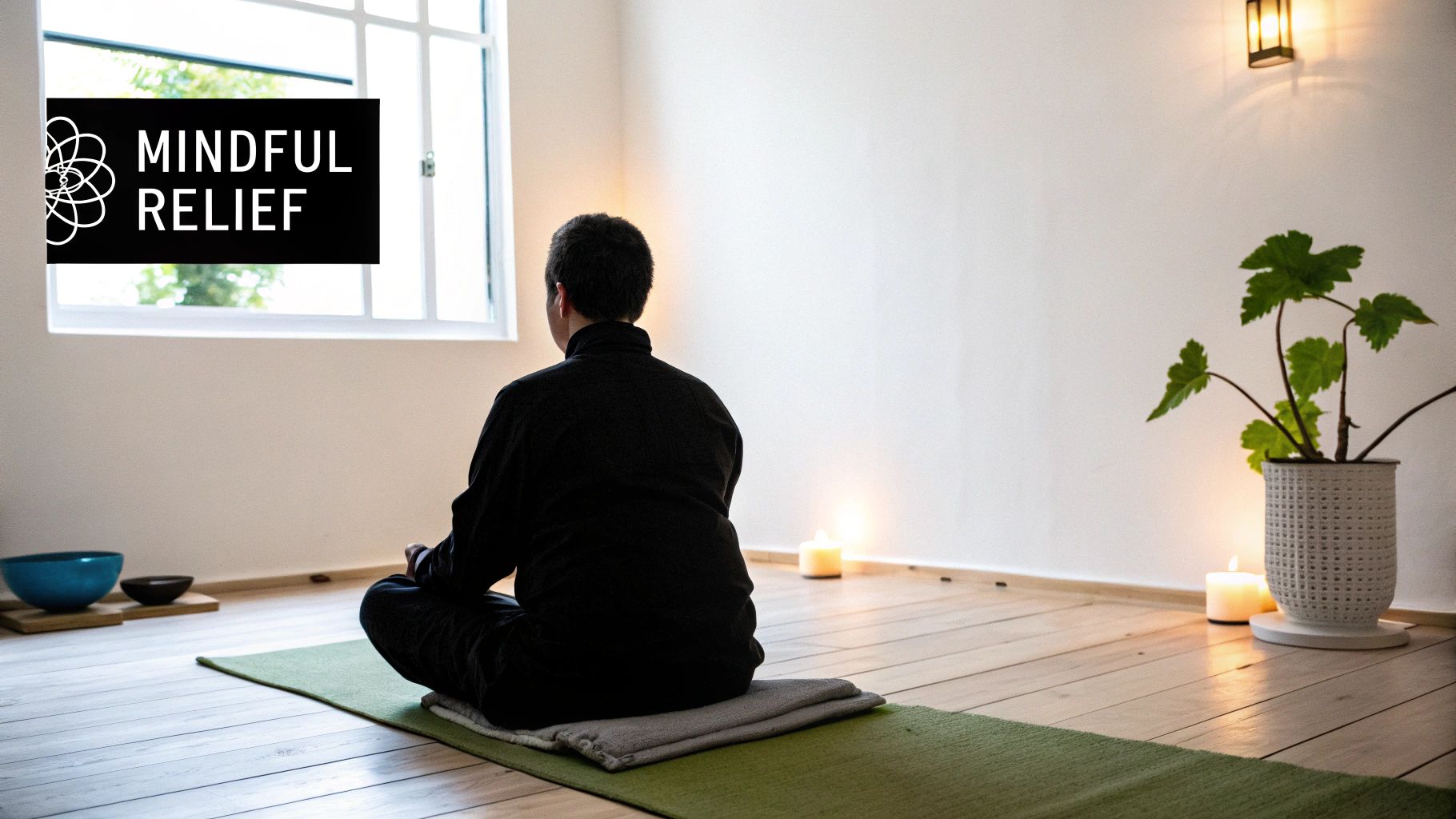 A person sitting in a lotus pose meditating in a calm, natural environment.