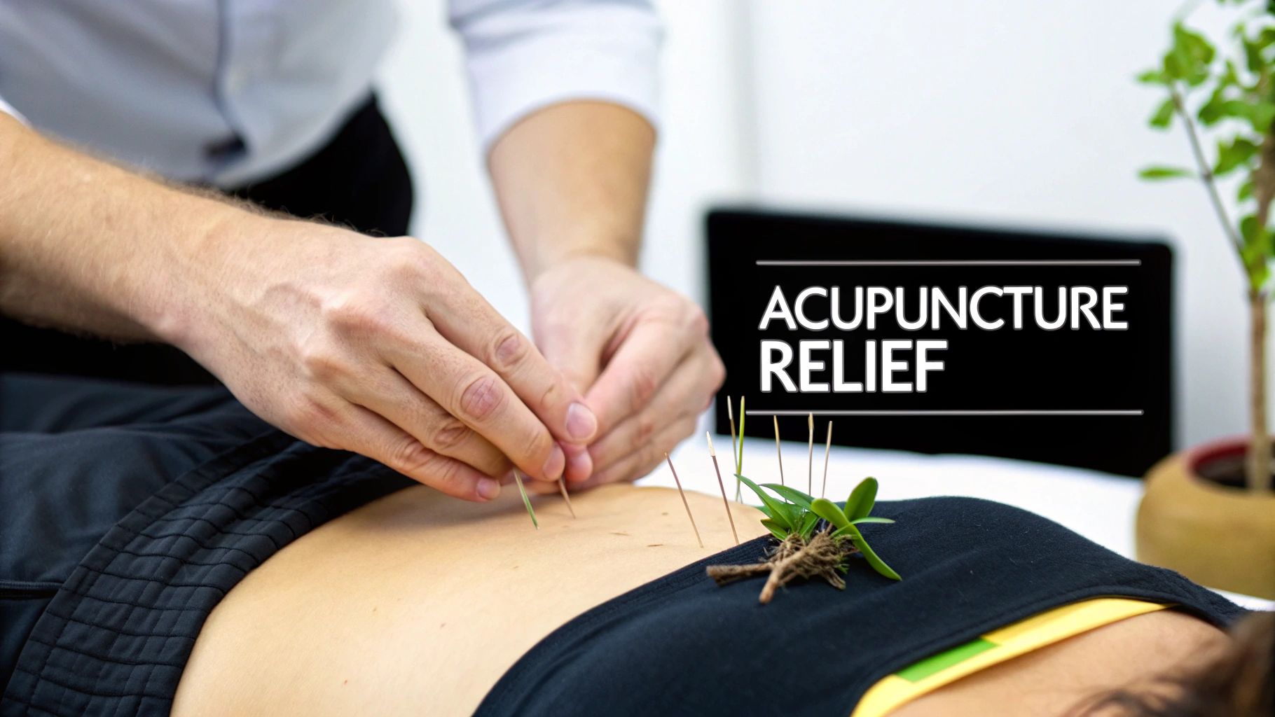 Acupuncturist performing acupuncture therapy with needles on patient's lower back for natural pain relief