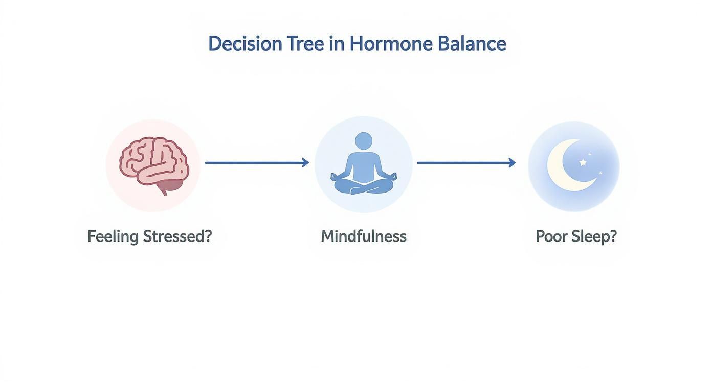 Decision tree flowchart showing pathway from feeling stressed through mindfulness practice to improving poor sleep for hormone balance