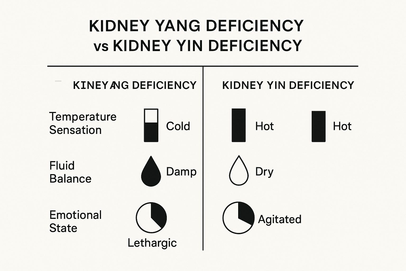 Recognizing Kidney Yang Deficiency Symptoms Infographic comparing Kidney Yang Deficiency and Kidney Yin Deficiency symptoms.