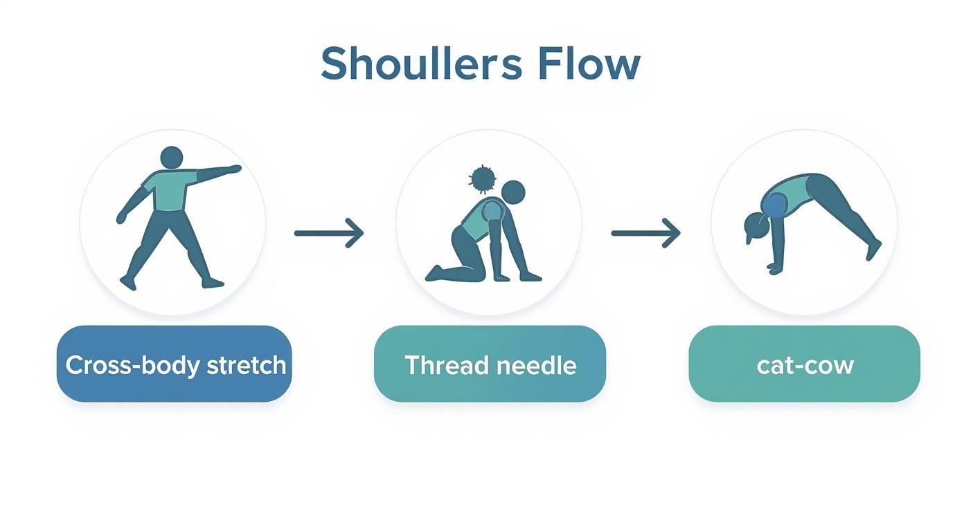 how to relieve shoulder blade pain: Quick, effective relief Infographic showing a process flow of shoulder stretches including Cross-Body, Thread the Needle, and Cat-Cow.